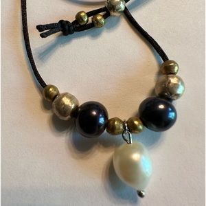 ARTISAN White Freshwater Black Pearls Brass Beads Black Satin Cord Necklace